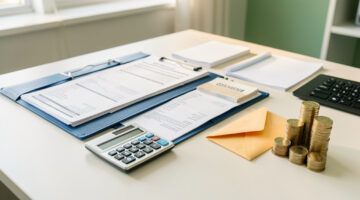 Dossier de remboursement, calculatrice, reçus et enveloppe symbolisant la récupération d’une prime, disposés sur un bureau lumineux.