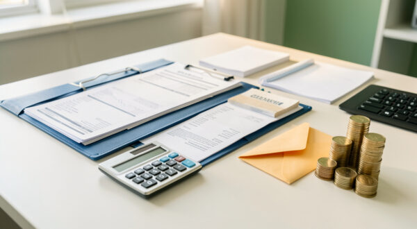Dossier de remboursement, calculatrice, reçus et enveloppe symbolisant la récupération d’une prime, disposés sur un bureau lumineux.