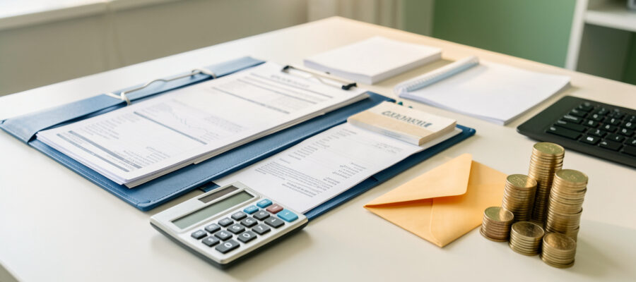 Dossier de remboursement, calculatrice, reçus et enveloppe symbolisant la récupération d’une prime, disposés sur un bureau lumineux.