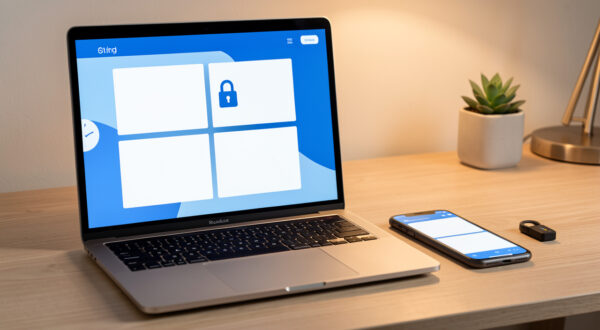 Ordinateur portable, smartphone et clé de sécurité illustrant la récupération sécurisée d’un accès bancaire.
