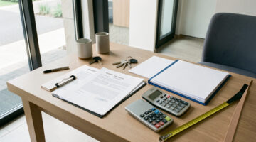 Bureau soigneusement organisé avec des clés d’appartement, des documents vierges et du matériel de vérification immobilière devant l’entrée d’un logement moderne.