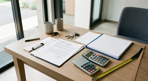 Bureau soigneusement organisé avec des clés d’appartement, des documents vierges et du matériel de vérification immobilière devant l’entrée d’un logement moderne.