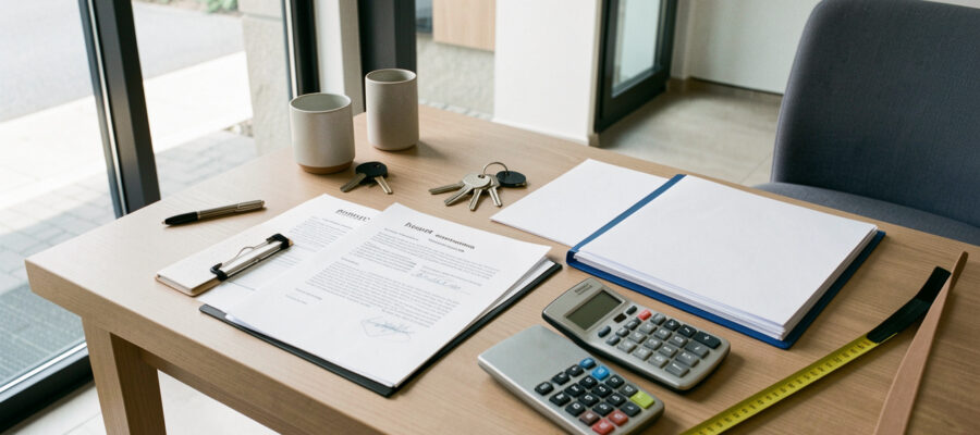 Bureau soigneusement organisé avec des clés d’appartement, des documents vierges et du matériel de vérification immobilière devant l’entrée d’un logement moderne.