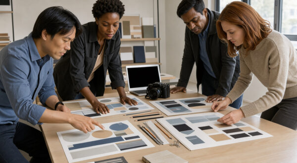 Équipe d’entreprise composée de deux femmes et deux hommes réunie autour d’une table avec des supports visuels abstraits, un ordinateur portable, un appareil photo et des échantillons de couleurs.