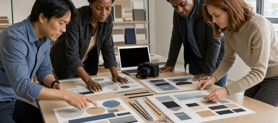 Équipe d’entreprise composée de deux femmes et deux hommes réunie autour d’une table avec des supports visuels abstraits, un ordinateur portable, un appareil photo et des échantillons de couleurs.