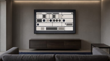 Télévision affichant une interface abstraite de streaming sportif avec un calendrier de football dans un salon moderne et sobre.