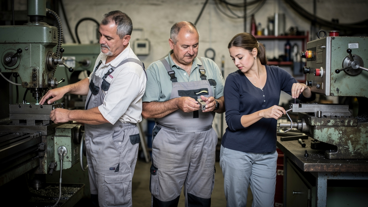 Portrait et reportage de trois ouvriers en tenue de travail réalisant des gestes professionnels dans un atelier de Chambéry, entourés de machines industrielles.