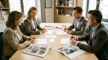 Réunion de direction professionnelle avec deux femmes et deux hommes autour d’une table, des magazines de décoration et des graphiques sans inscriptions visibles dans un bureau sobre.