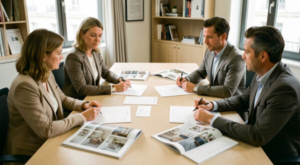 Réunion de direction professionnelle avec deux femmes et deux hommes autour d’une table, des magazines de décoration et des graphiques sans inscriptions visibles dans un bureau sobre.