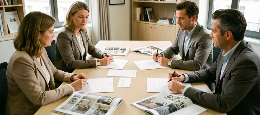 Réunion de direction professionnelle avec deux femmes et deux hommes autour d’une table, des magazines de décoration et des graphiques sans inscriptions visibles dans un bureau sobre.