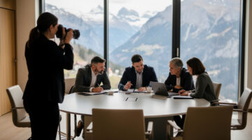 Réunion professionnelle de salariés dans une entreprise lumineuse de Savoie, photographiée par une femme, avec les montagnes visibles par les fenêtres.
