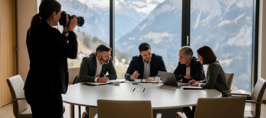 Réunion professionnelle de salariés dans une entreprise lumineuse de Savoie, photographiée par une femme, avec les montagnes visibles par les fenêtres.